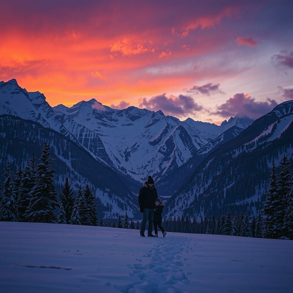 Family Silhouette at Twilight Mountain Range