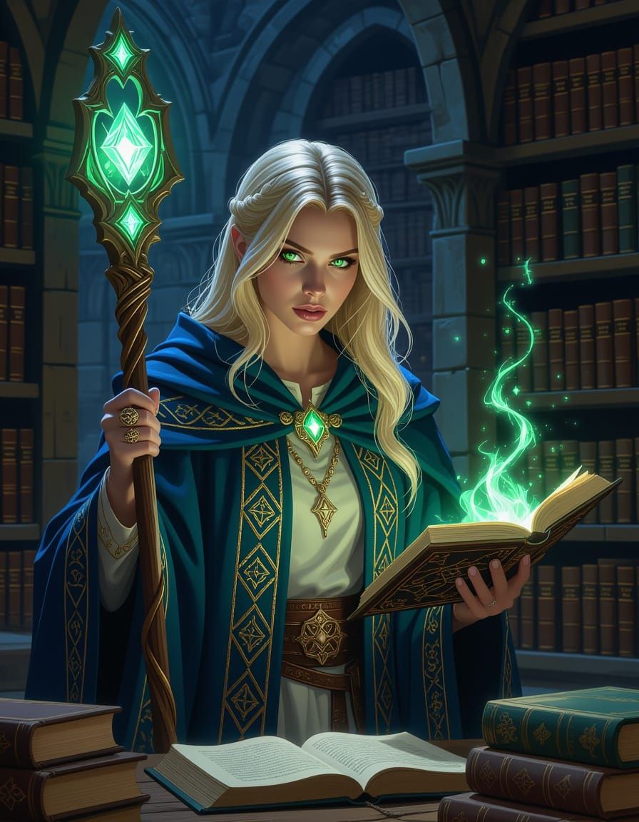 Blonde Wizard Prepares Spell in Stone Library
