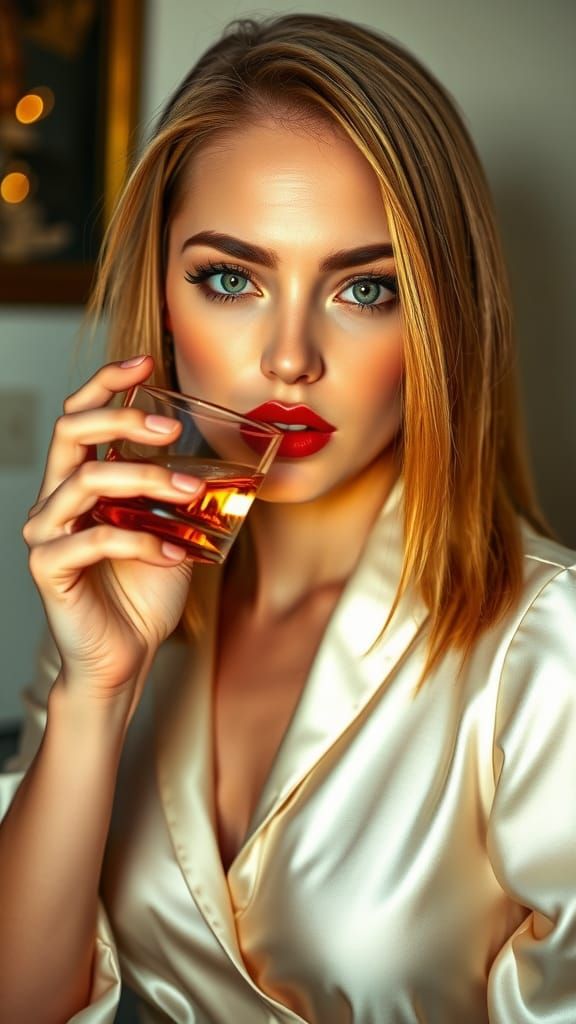 Beautiful Woman with Golden Hair Drinking Whisky