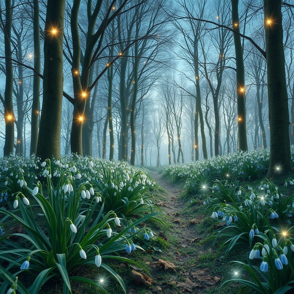 Winter Wonderland Scene with Holiday Lights and Snowflakes i...