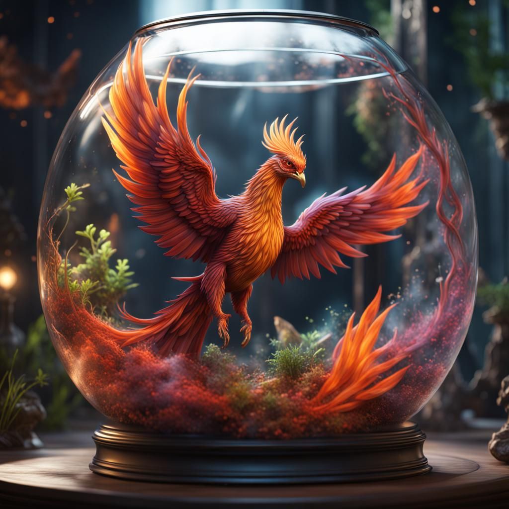 Phoenix in Glass Terrarium: Fantasy Concept Art