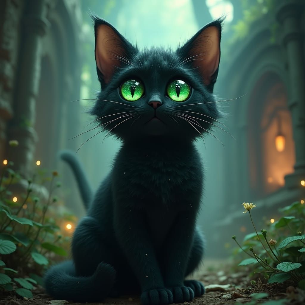 Enchanted Midnight Cat in Whimsical Fantasy Realm
