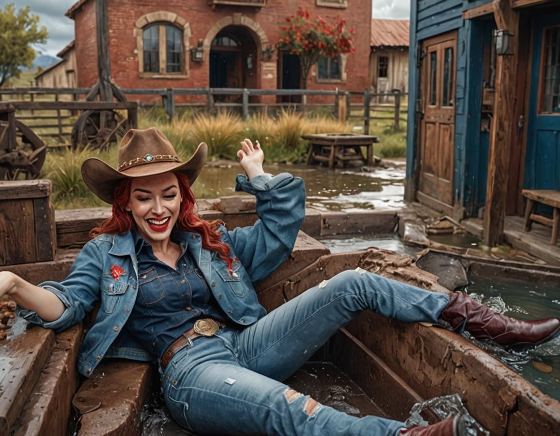 Glamorous Cowgirl in Water Trough, Detailed Matte Painting