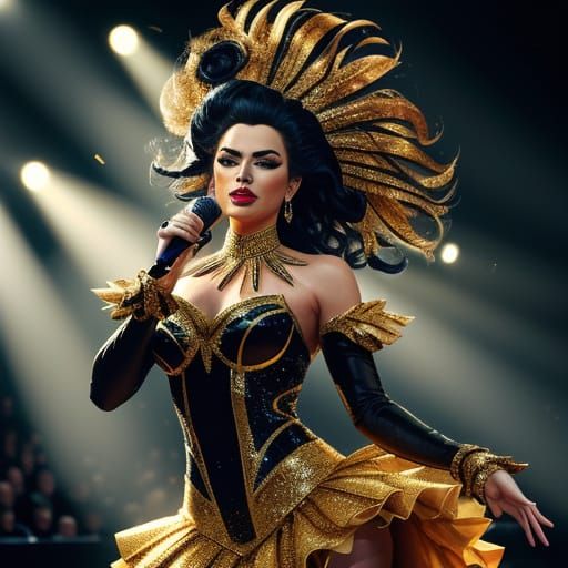 Dramatic Showgirl Stage Performance in Hyperreal Style