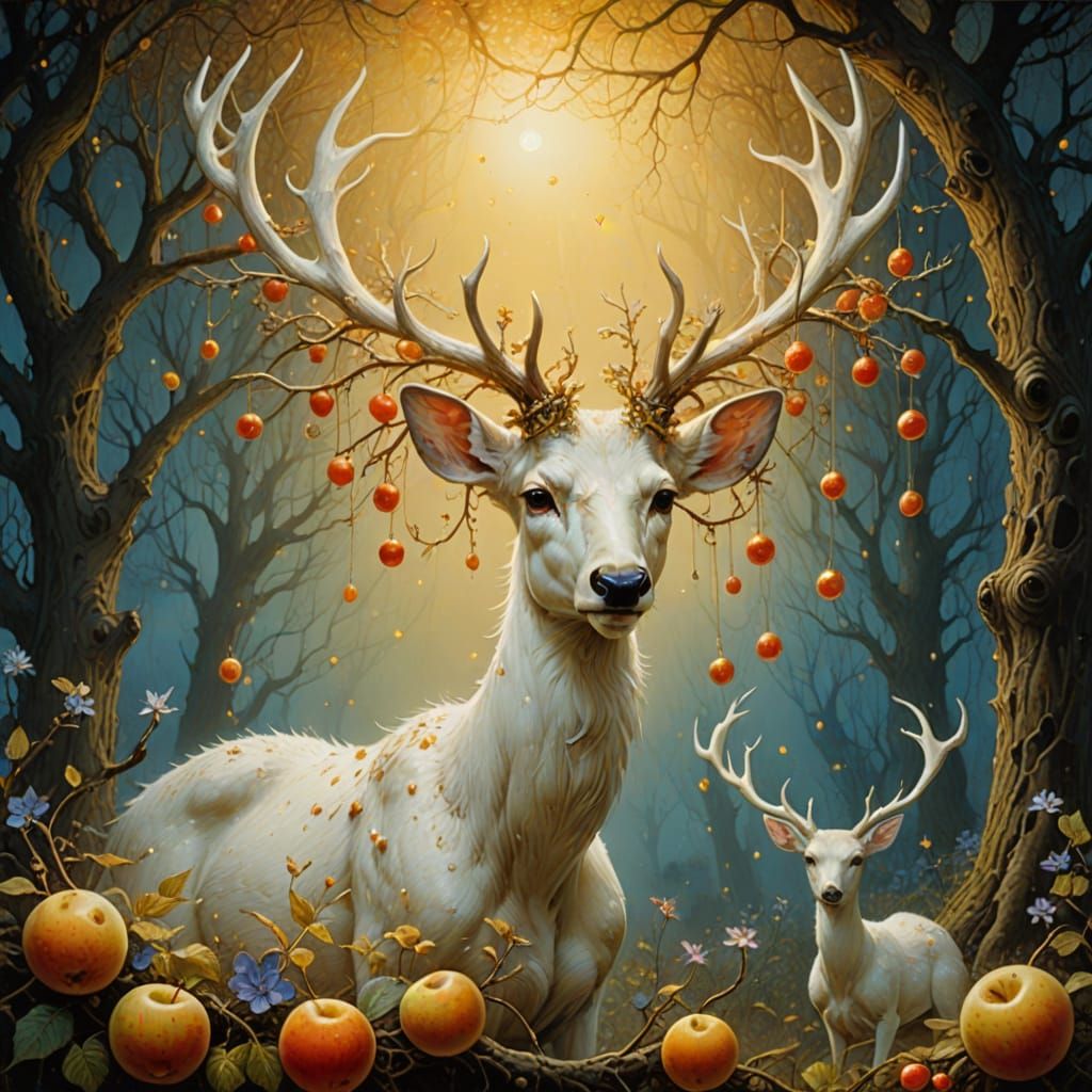 Surreal White Deer with Flowering Tree Antlers
