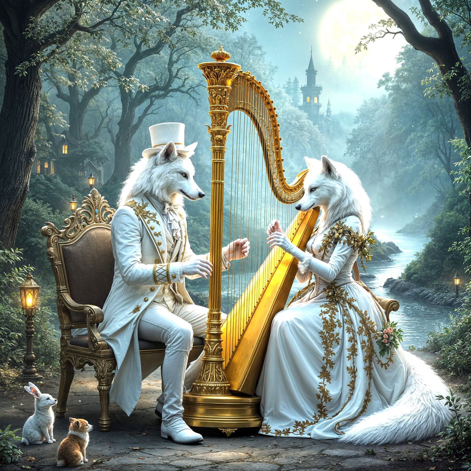 Elegant Wolves Play Golden Harp in Mystical Forest