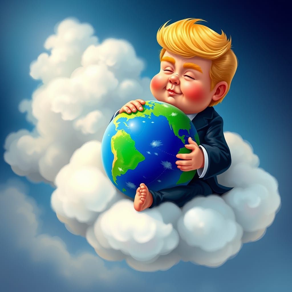 Cherubic Donald Trump Cradles the Earth in Whimsical Hyper-R...