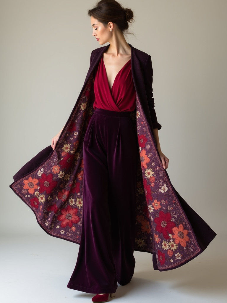 Dark Purple Velvet and Red Silk Outfit