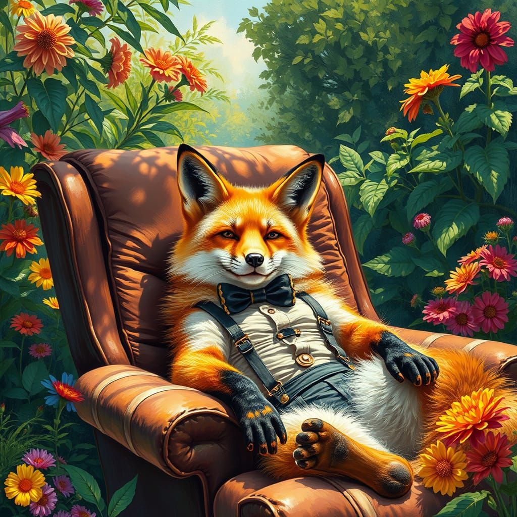 Golden Fox in Garden: Neo-Impressionist Oil Painting