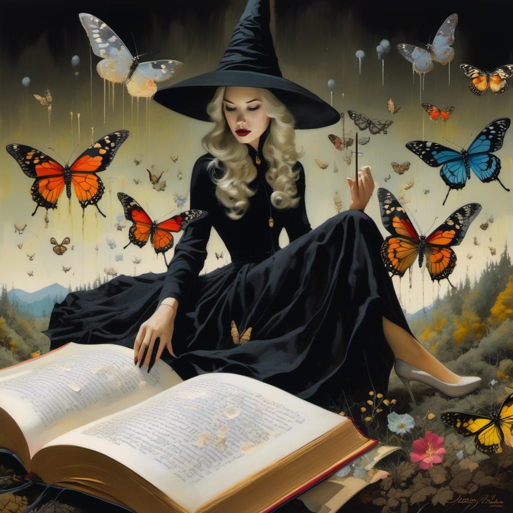 Colorful Witch Reading Grimoire Double Exposure