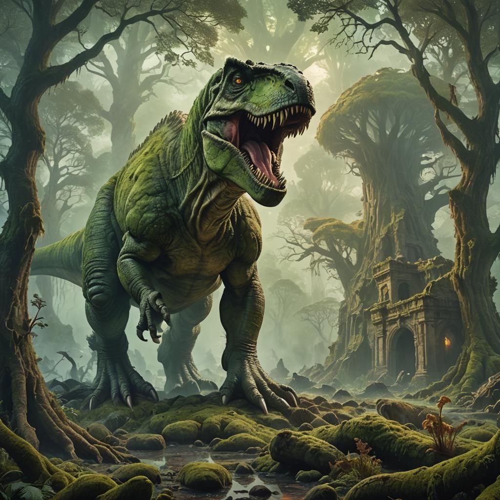 Tyrannosaurus Rex on Ancient Ruins as Oil Painting