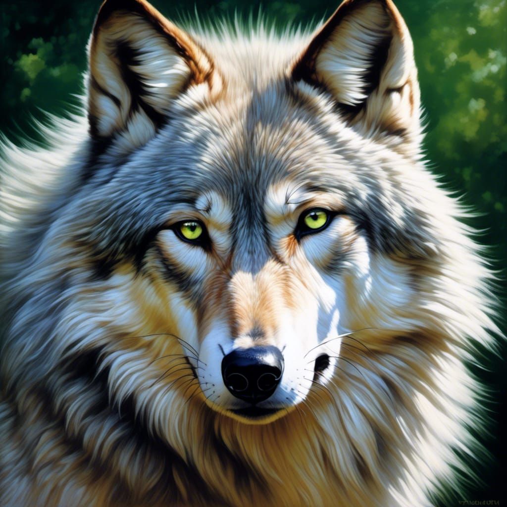 Photorealistic Light Grey Wolf with Green Eyes