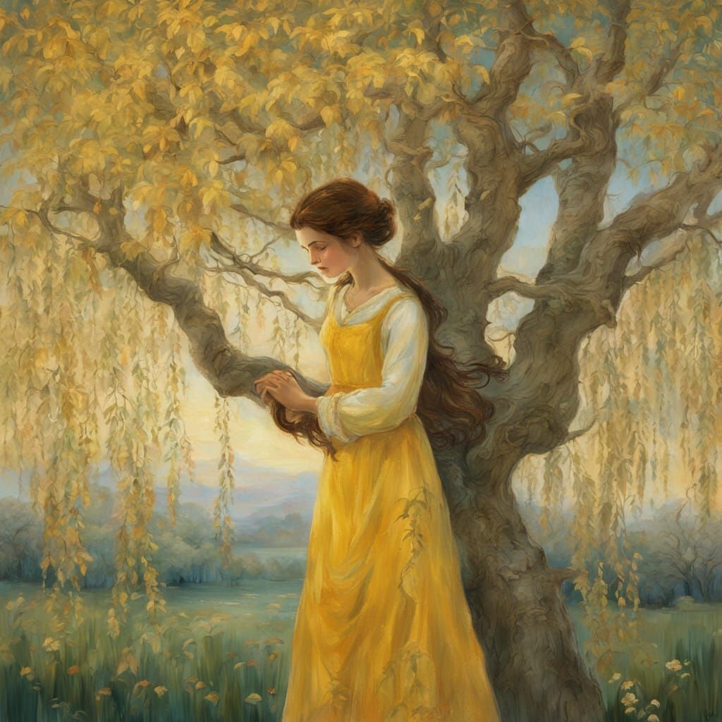 Woman in Yellow Sundress Hugs Weeping Willow