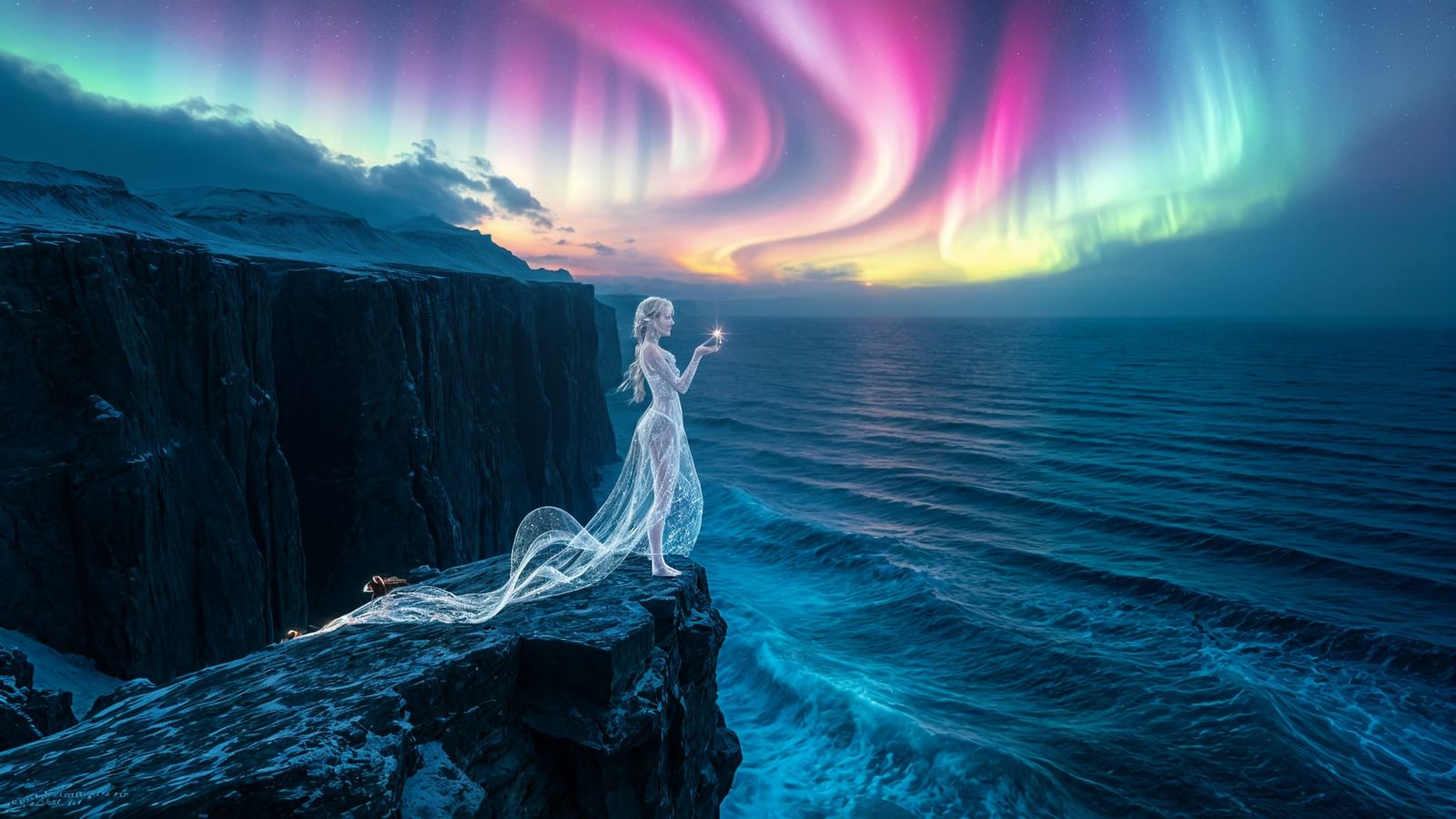 Ethereal Woman of Light Gazing at Aurora