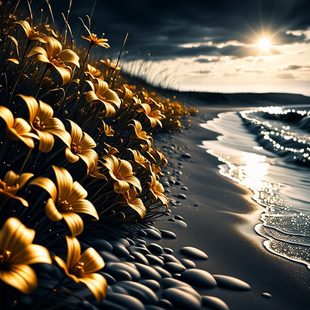 Glittering Gold Flowers on a Hyperrealistic Beach