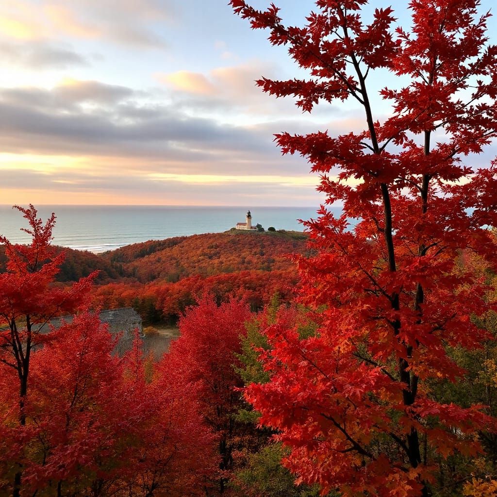 Golden Hour Over Fire Red Autumn Valley