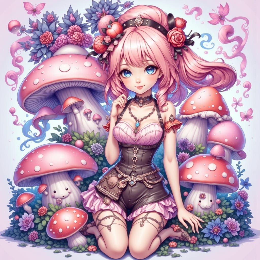 Surreal Mushroom Anime Girl Fusion Art