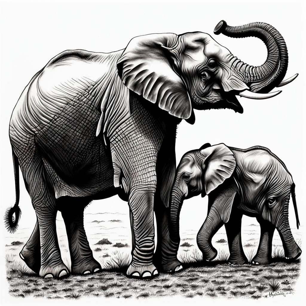 Elephant Mother and Baby in Masai Mara Drawing