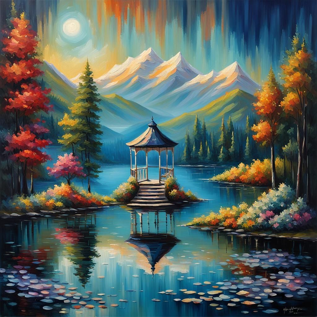 " lake scape with a gazebo painting "