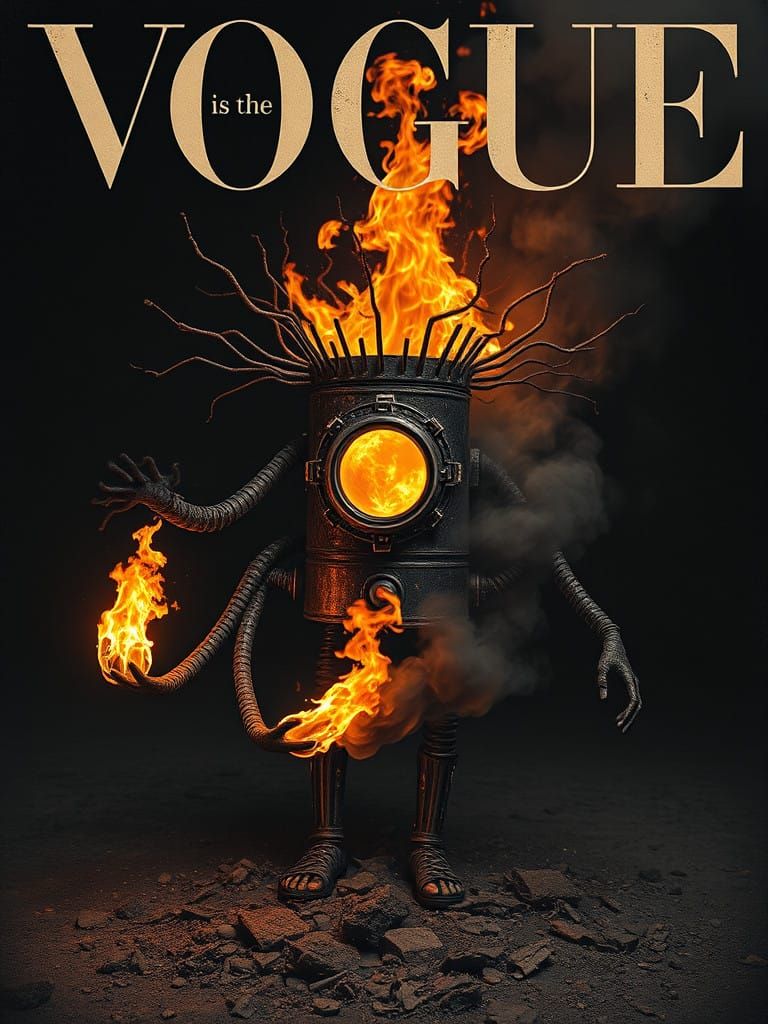 Surreal Fashion Icon in a Burning Ritual Scene