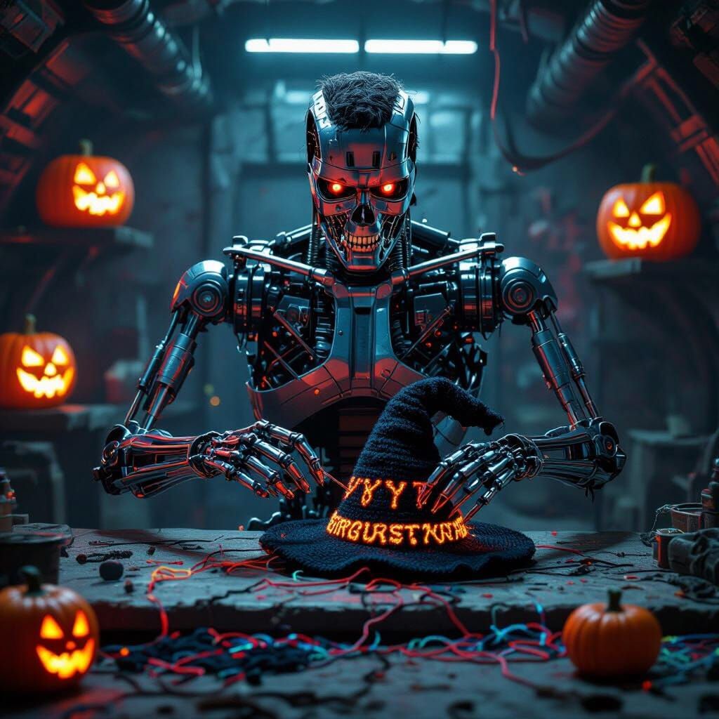 Terminator Crochets Witch Hat in Cyberpunk Bunker