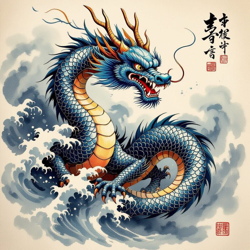 Chinese Dragon in Ink Wash Painting Style