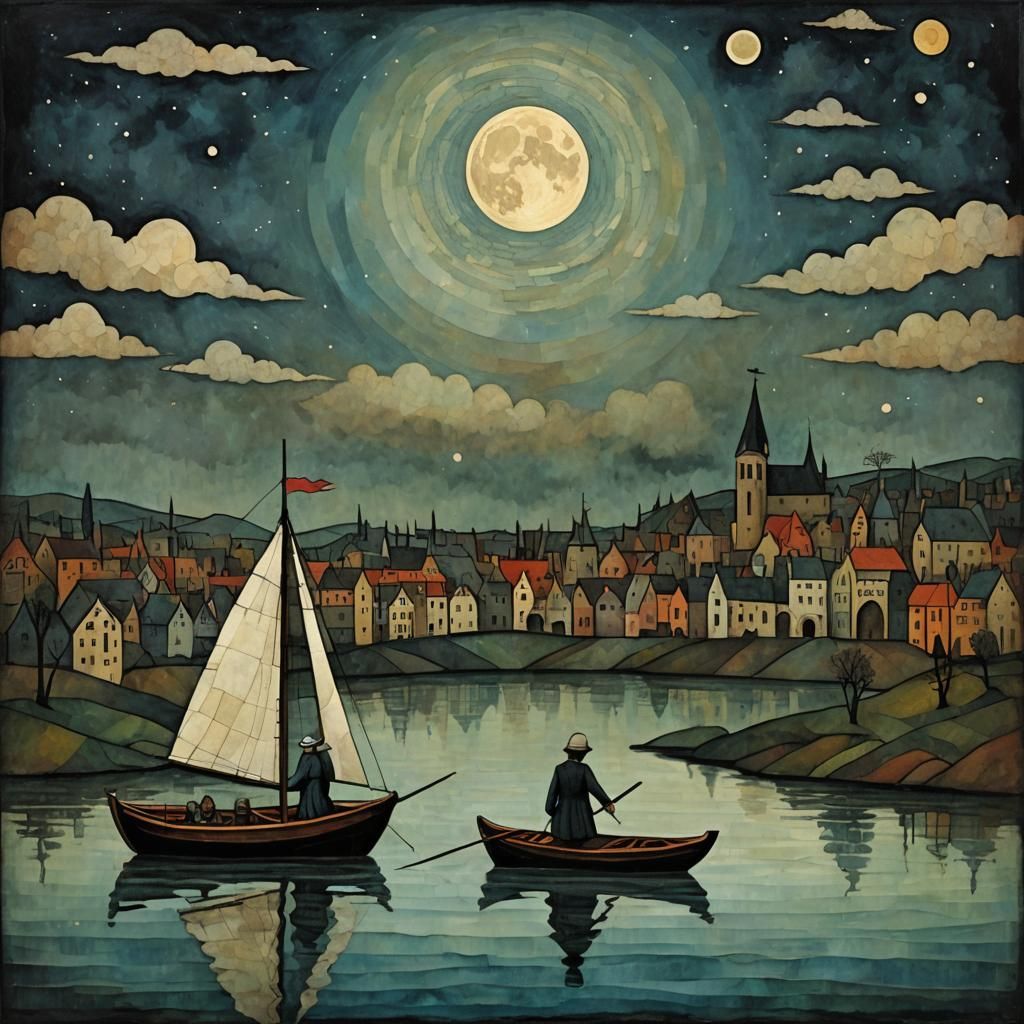 Surreal Boat Silhouette Inspired by Klimt and Picasso