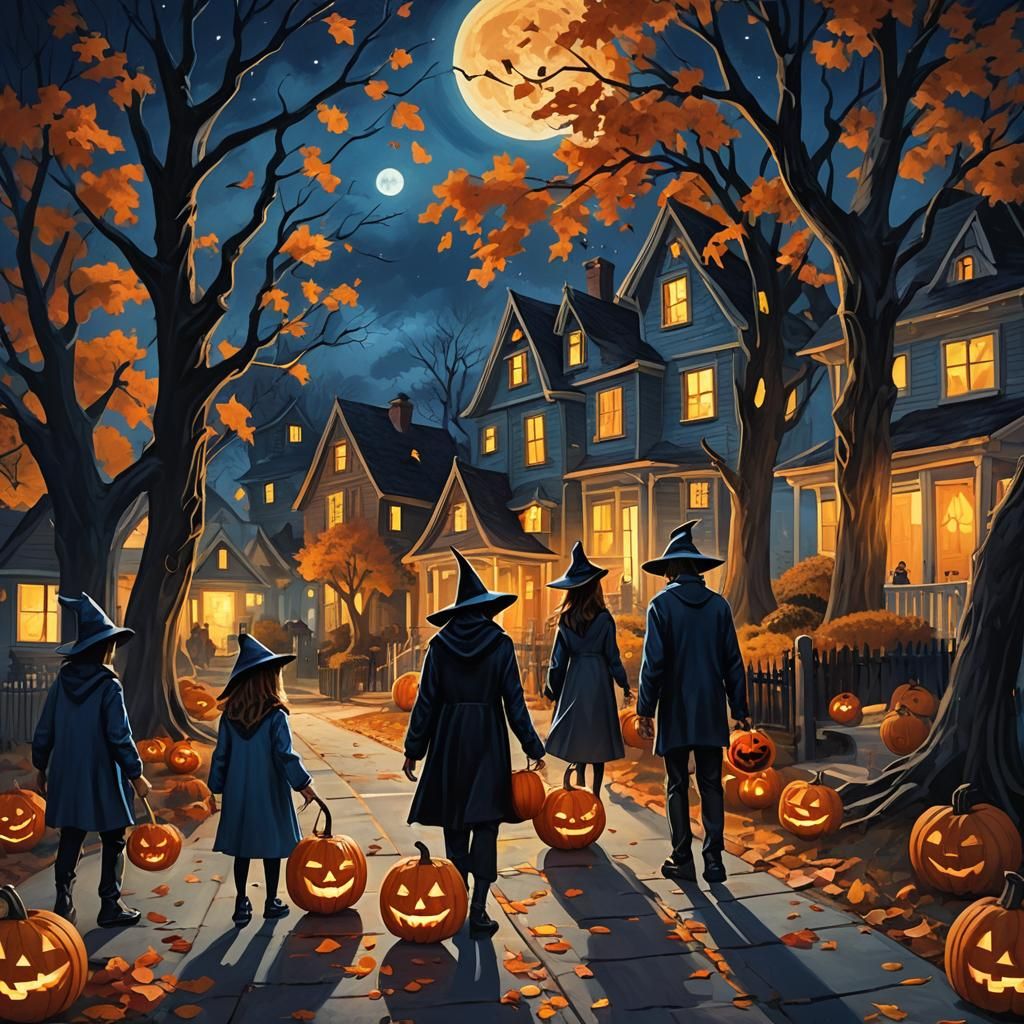 Spooky Family Trick-or-Treating in Dark Fantasy Style
