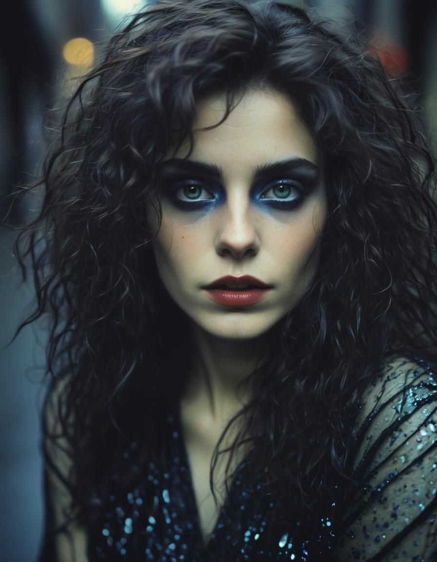 Retro Polaroid of Bioluminescent Goth Vampire in City