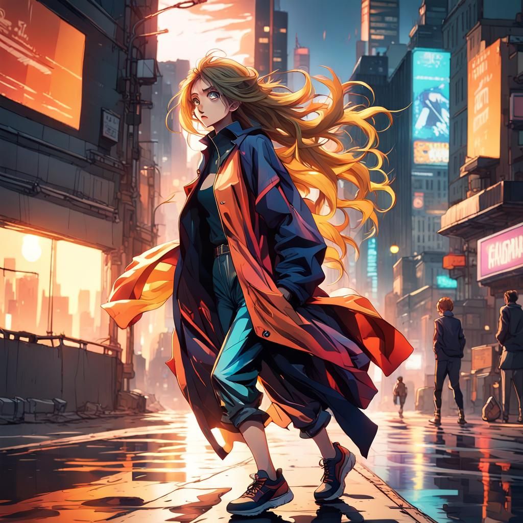 Cyberpunk Woman Amidst Vibrant Urban Landscape