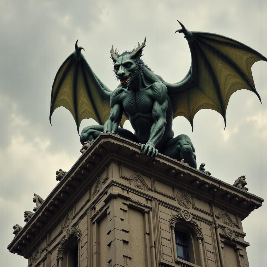 Gargoyle Perched on Historic Building Facade