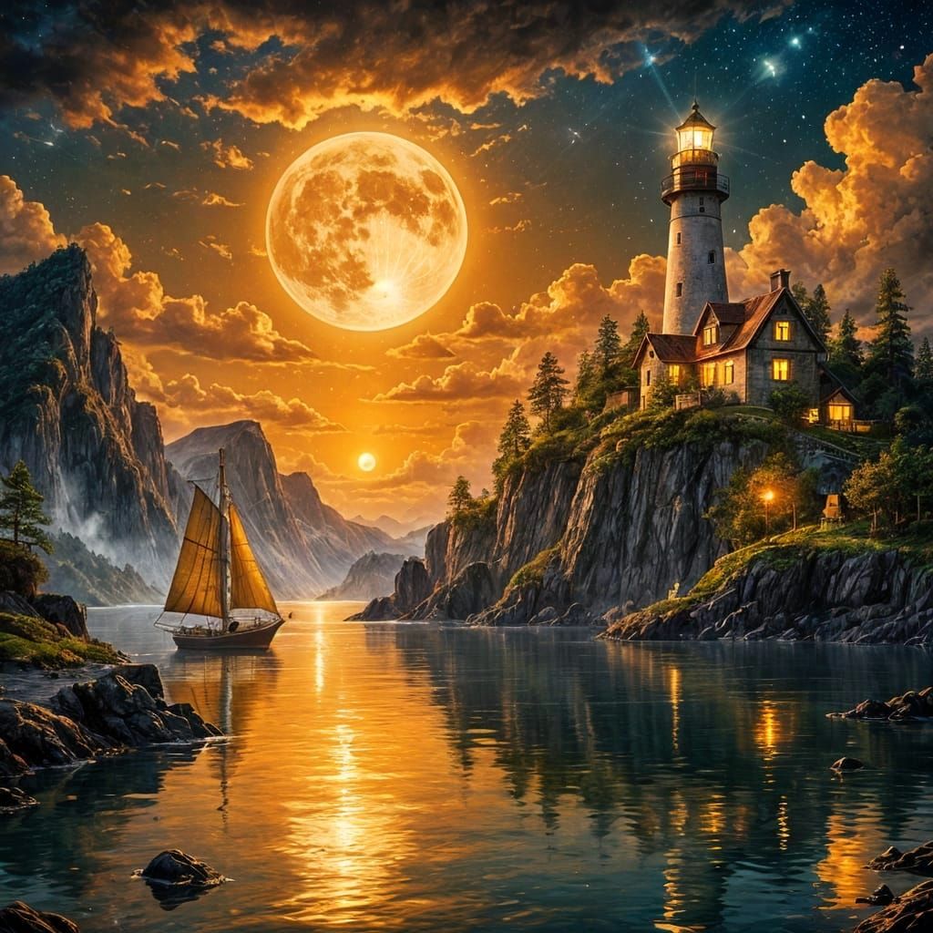 Fantasy Seascape with Lighthouse and Golden Moon
