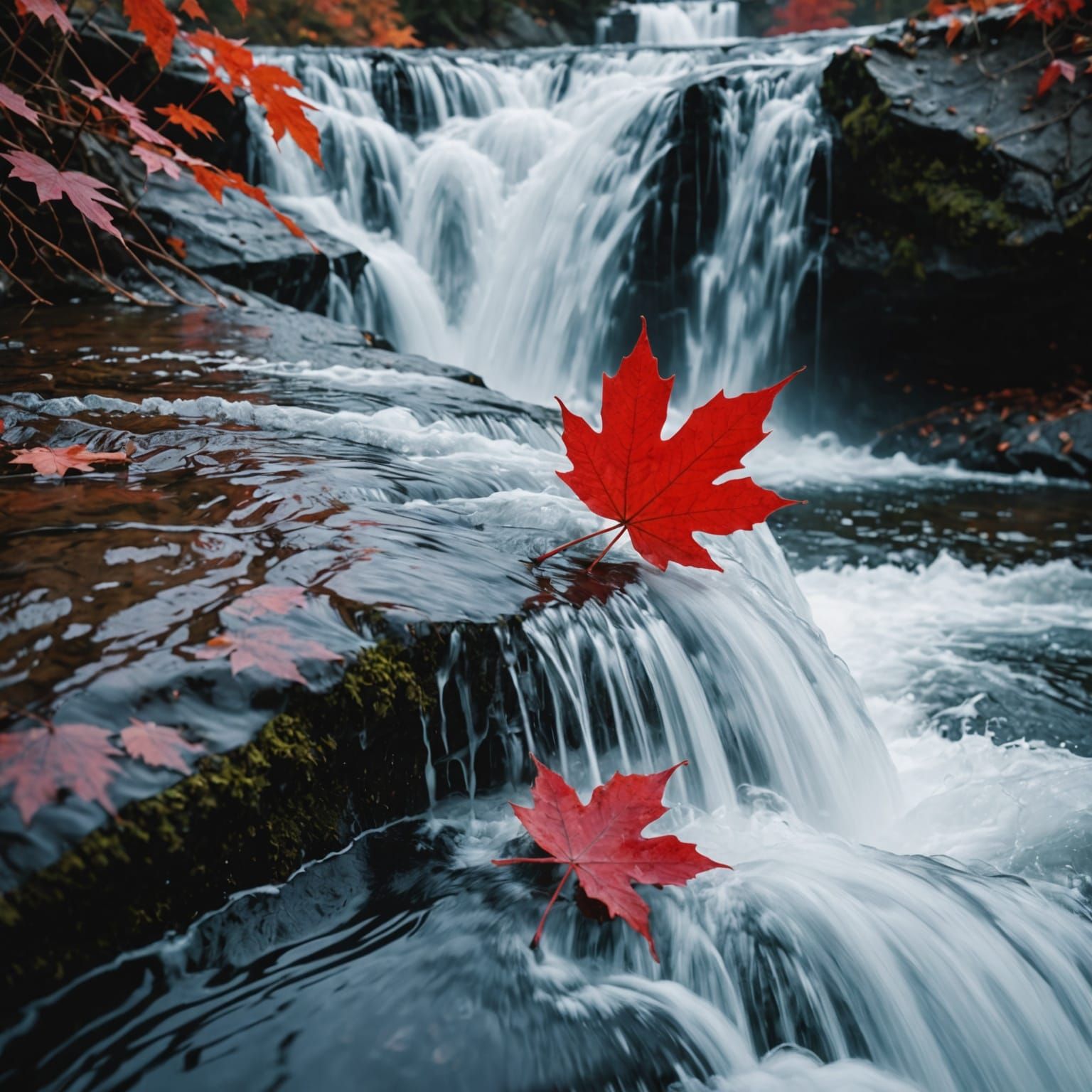 Red Maple Leaf at Foaming Waterfall