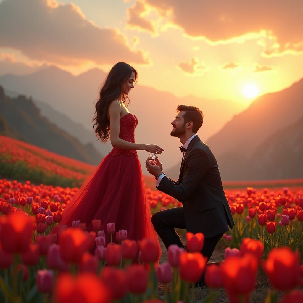 Surreal Sunset Proposal in a Kaleidoscopic Fantasy Landscape
