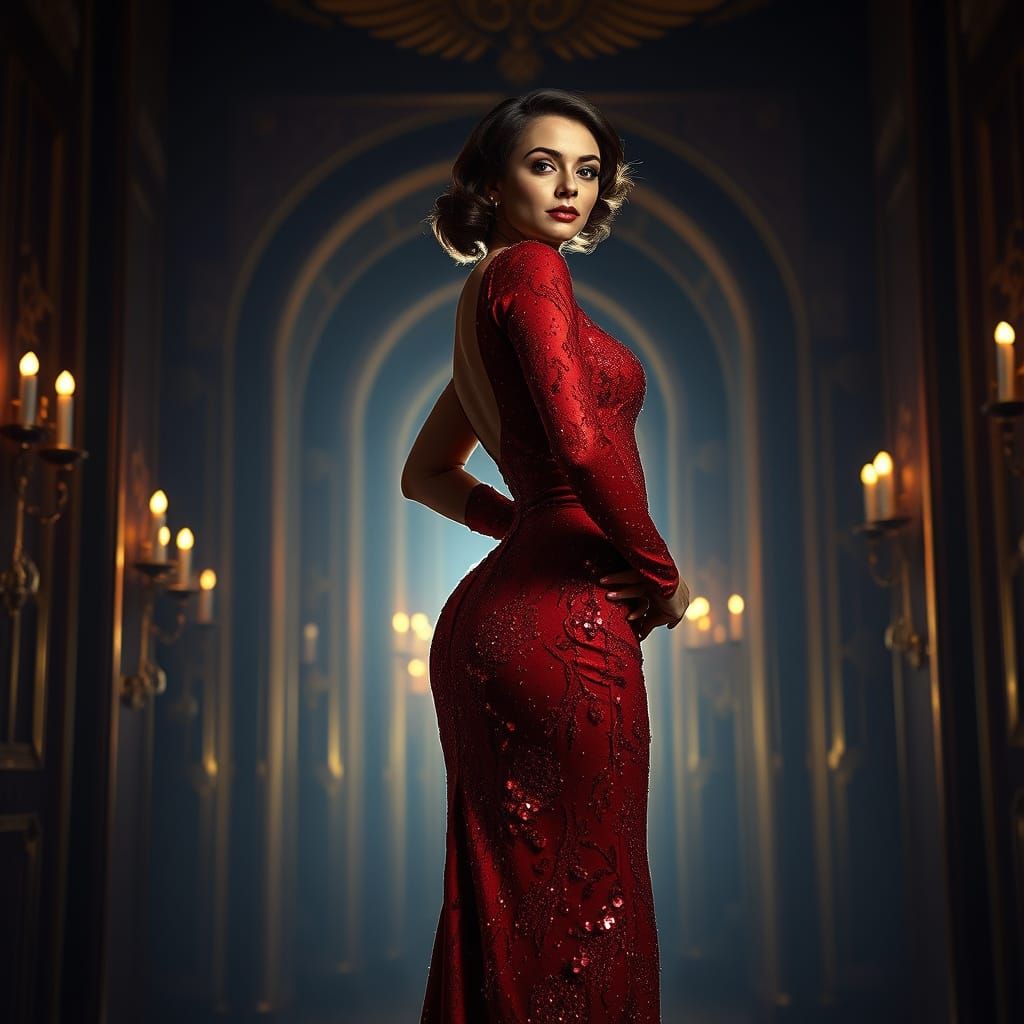 Elegant Woman in Sequined Red Gown in Art Deco Style