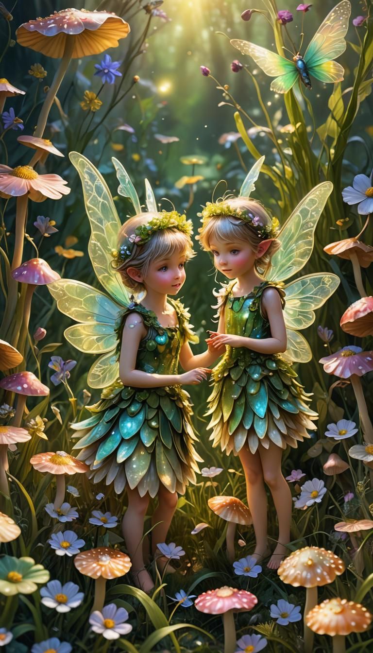Highly realistic highly detailed 3D Surreal Hyperrealistic Dynamic imagepsychedelic fairies with greenery garden little ...