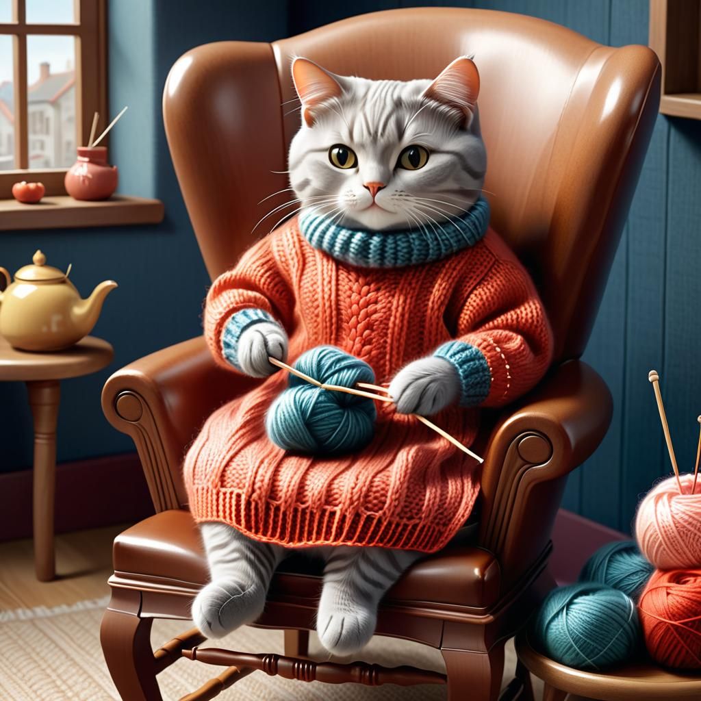 Anthropomorphic Cat Knitting Sweater in Folk Art Style