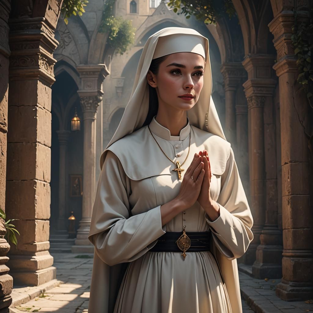 Elegant Nun in Prayer: Detailed Matte Painting