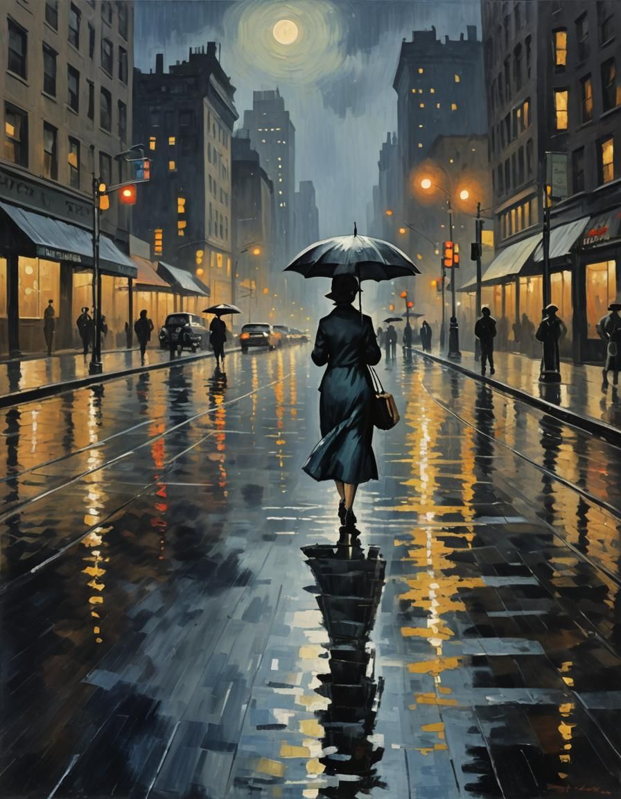 Impressionistic painterly style of Claude Monet :: 1920s, lonely woman walking on a moonlight night in Midtown Manhattan...