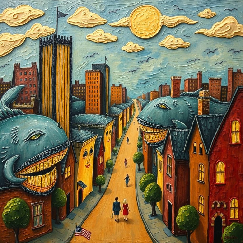 Naive Painting of Whimsical Cityscape with Smiling Houses