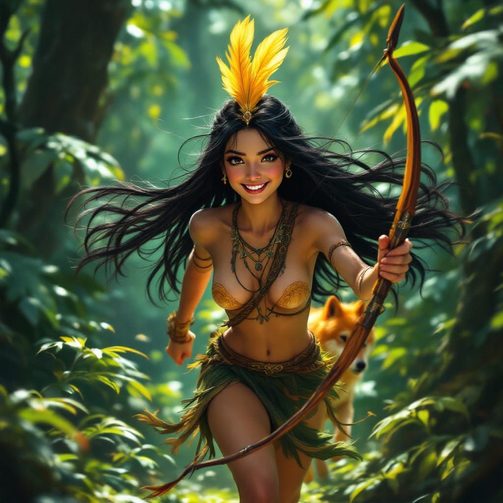 Jungle Maiden with Wolf in Fantasy Concept Art Style
