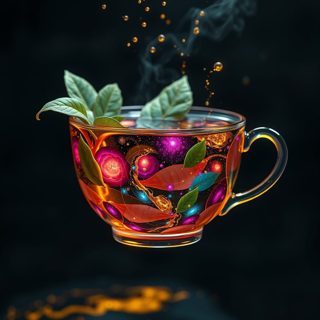 Cosmic Tea Cup with Liquid Galaxies and Gold
