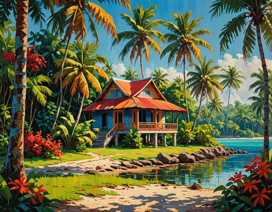 Idyllic Cambodian Beach Scene as Oil Painting