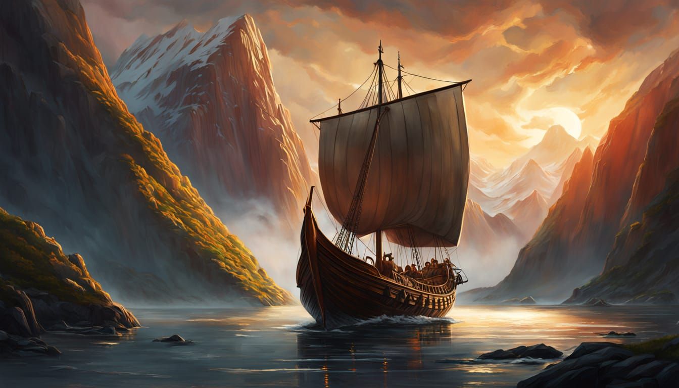 Viking Longship Sails Fjord at Sunset: Oil Painting