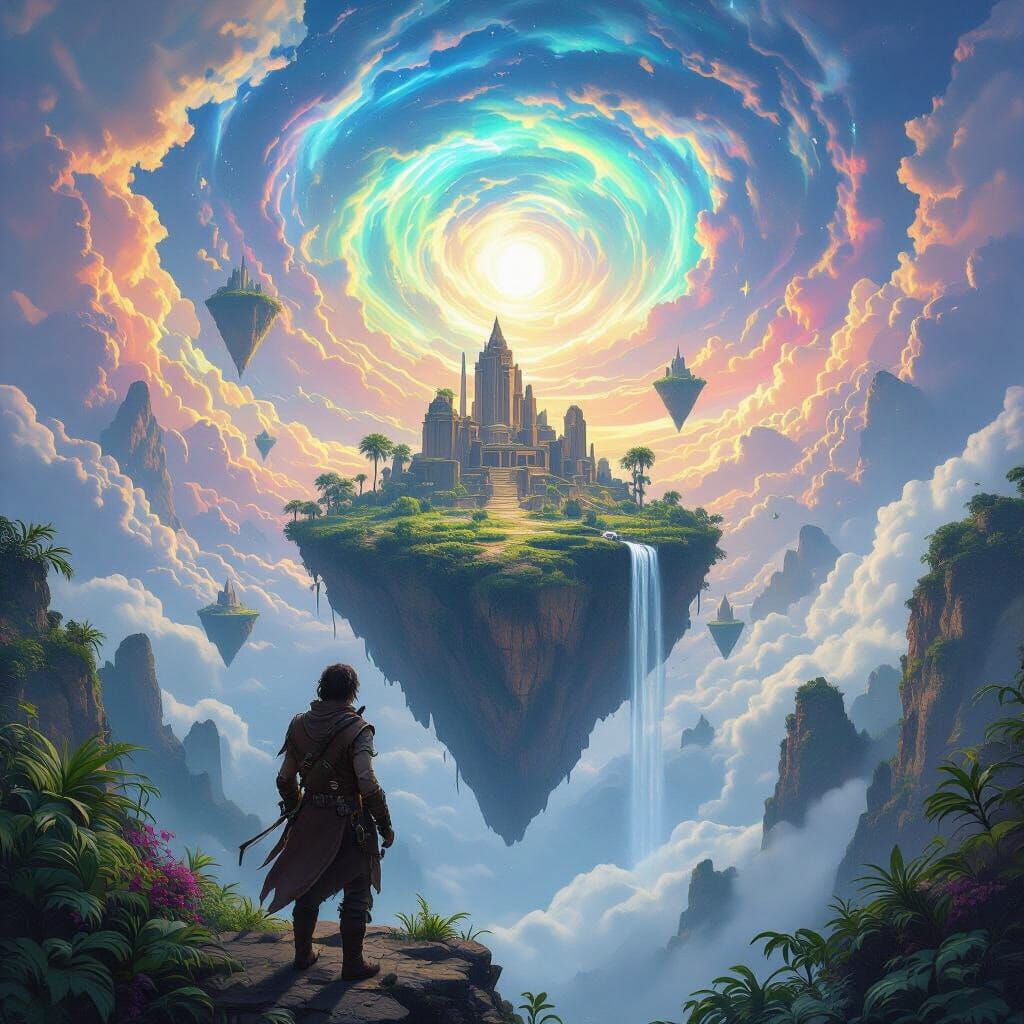 Explorer on Floating Island with Sky-Cities