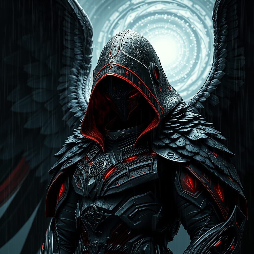 Majestic Black Angel in Futuristic Medieval Armor Under Heav...