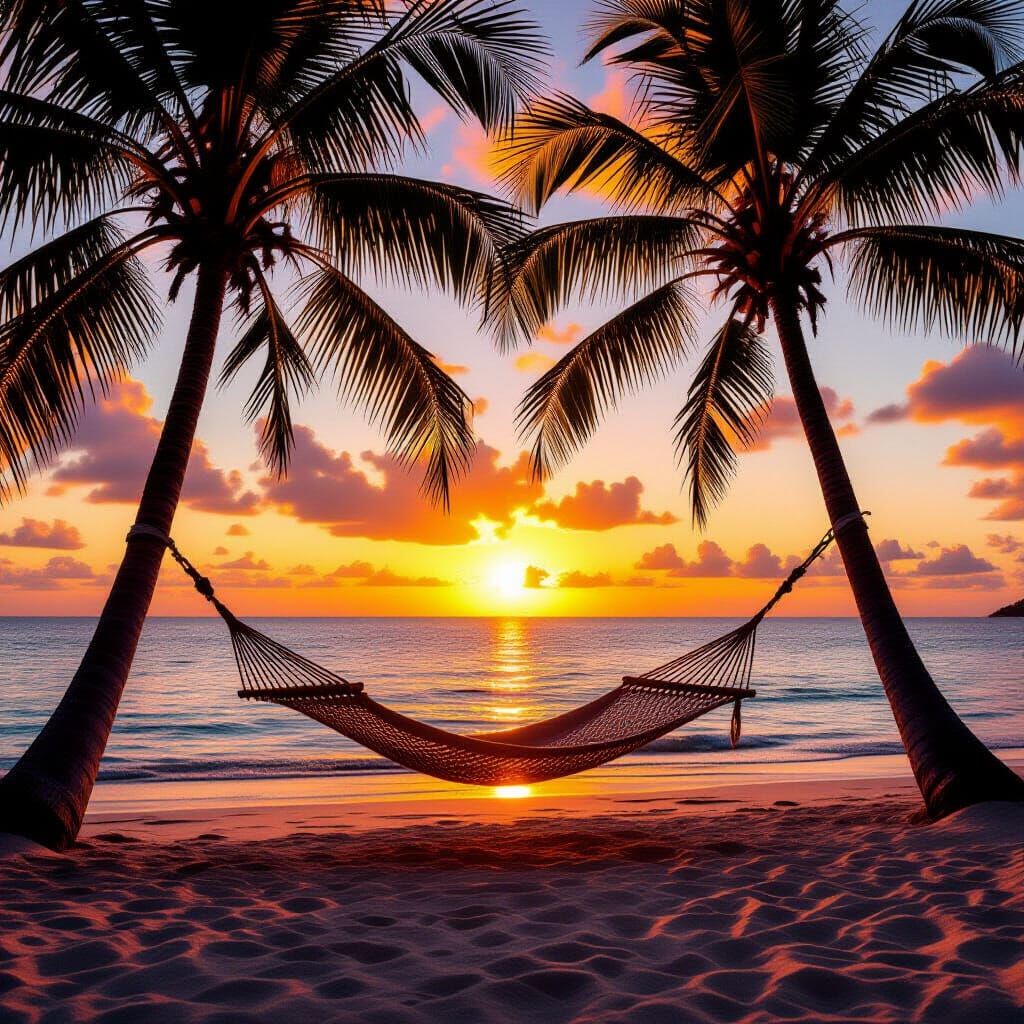 Hammock Between Palm Trees at Tropical Sunset