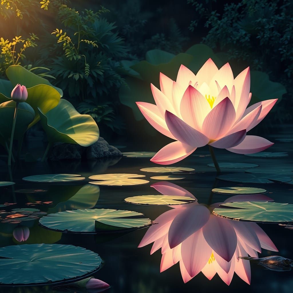 Serene Pond Scene with Giant Lotus Flower in Hyperrealistic ...