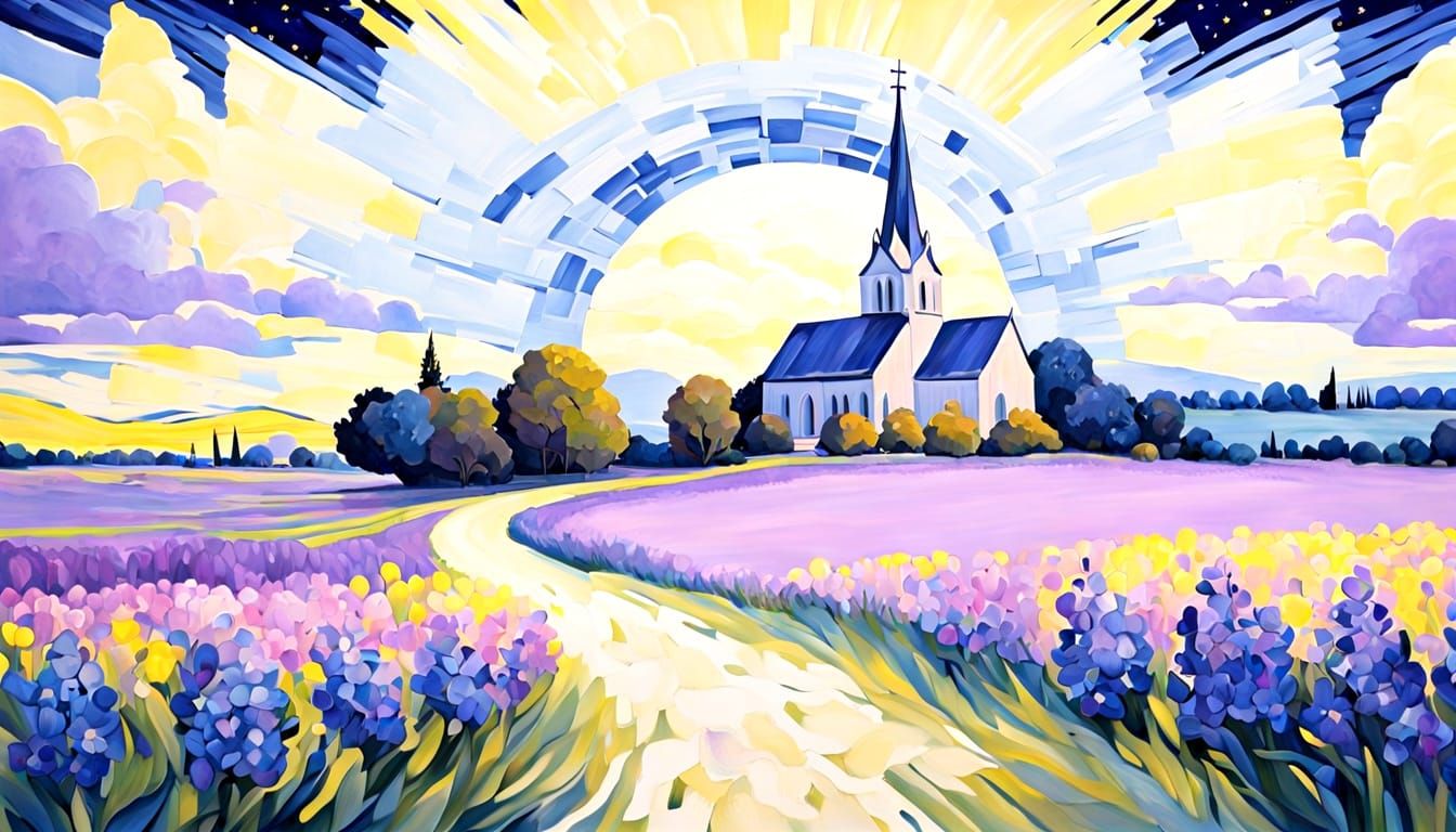 Church in Starry Field: A Post-Impressionistic Painting