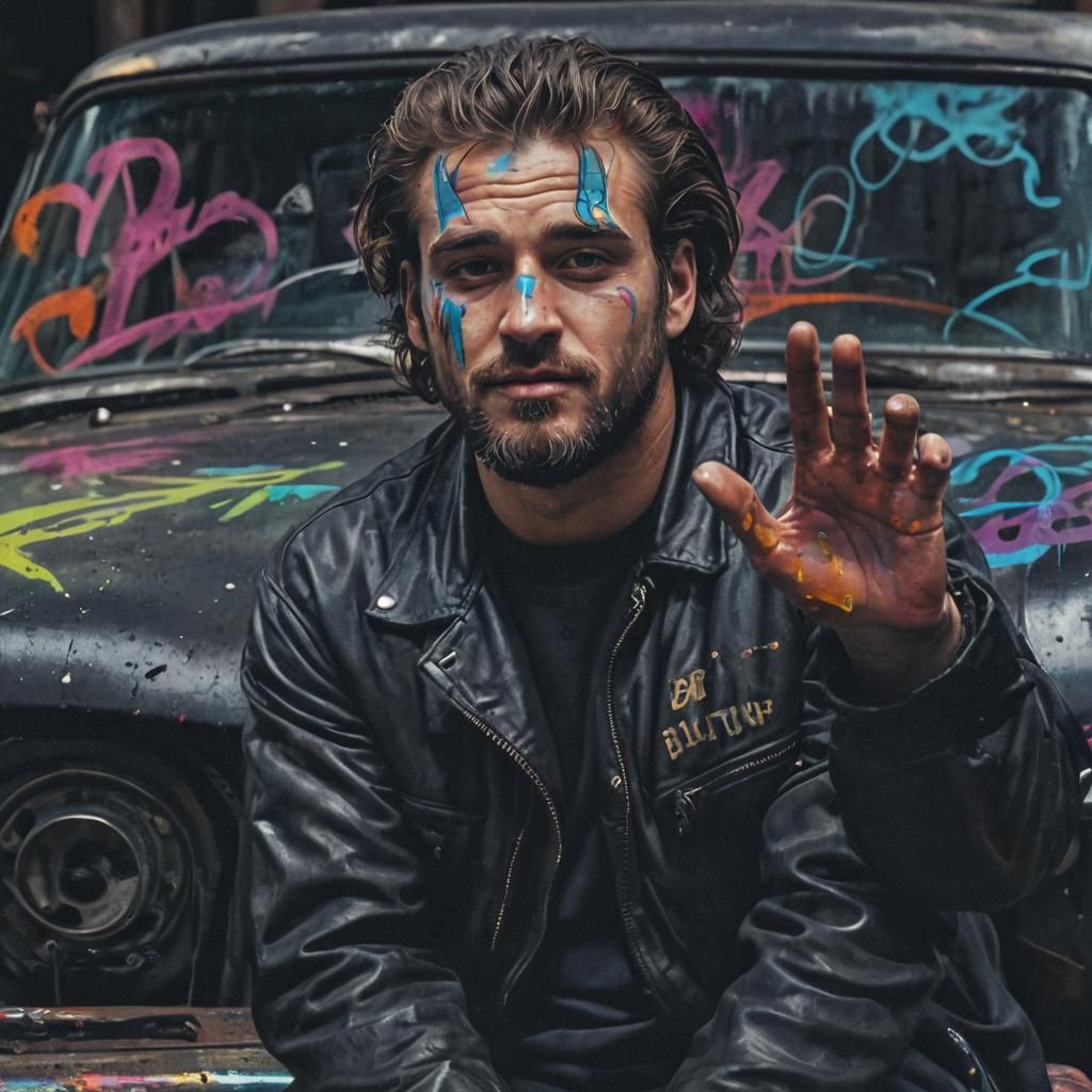 Gritty Urban Graffiti Art of Man and Classic Car